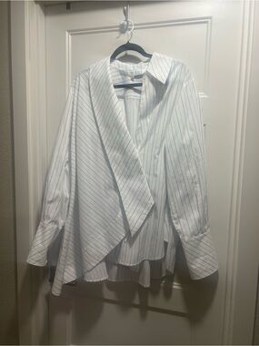 Men's White Pinstripe Draped Button-Down Shirt